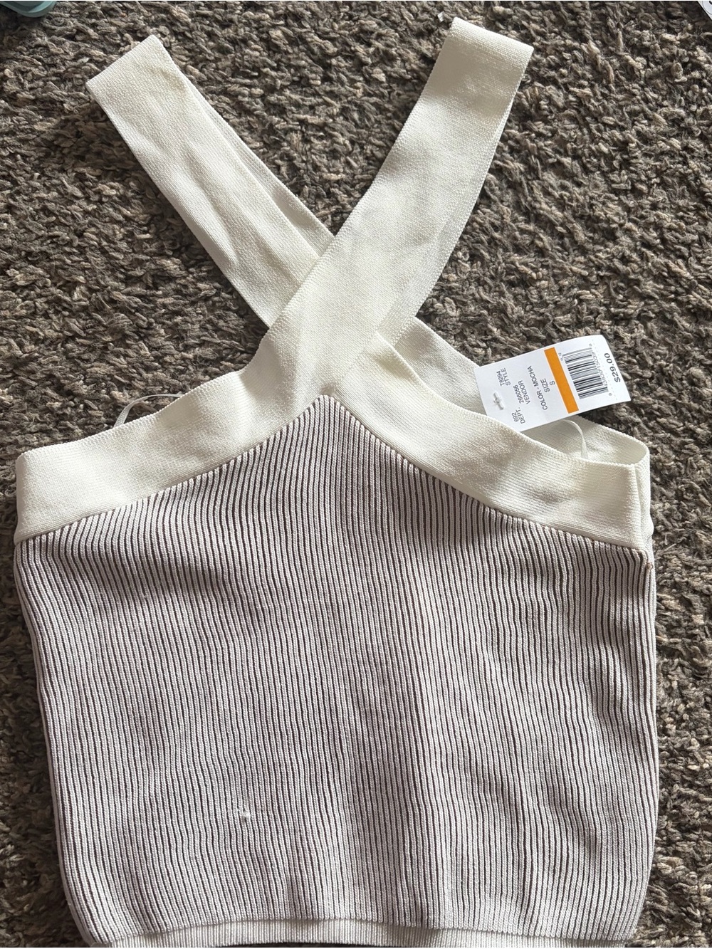 NWT Dreamers by Debut Ribbed Cross Neck Halter Crop Top S Mocha